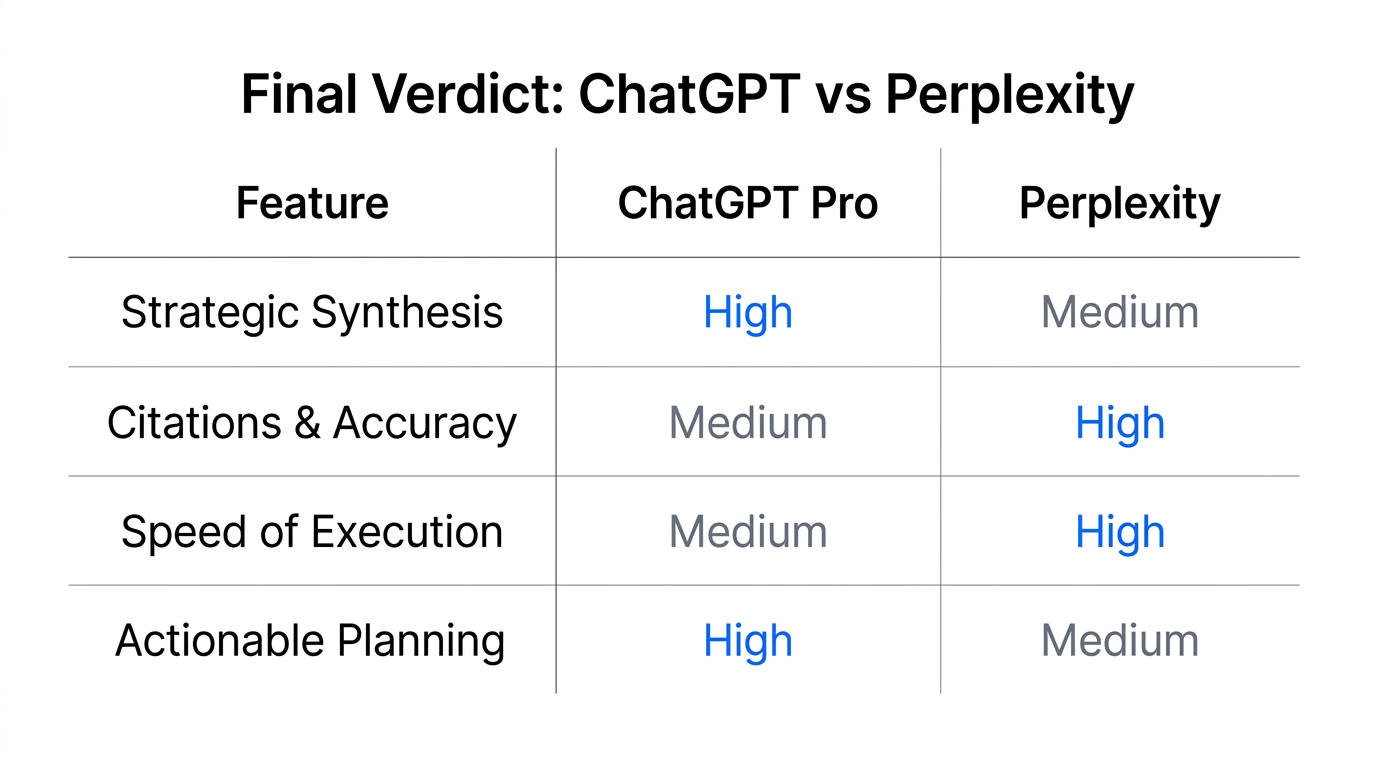 Head-to-head comparison of ChatGPT Pro and Perplexity AI strengths.