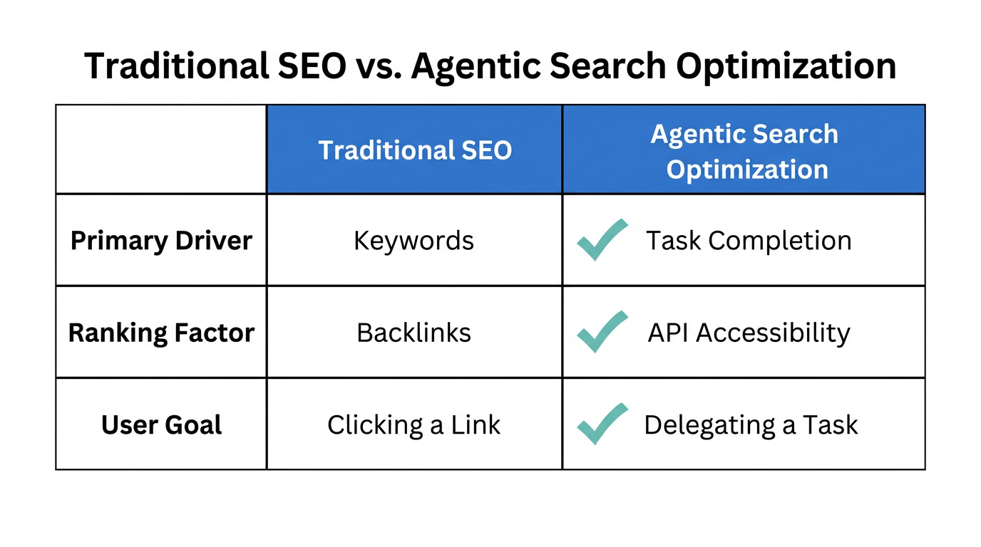 A side-by-side comparison of traditional SEO and Agentic Search Optimization.
