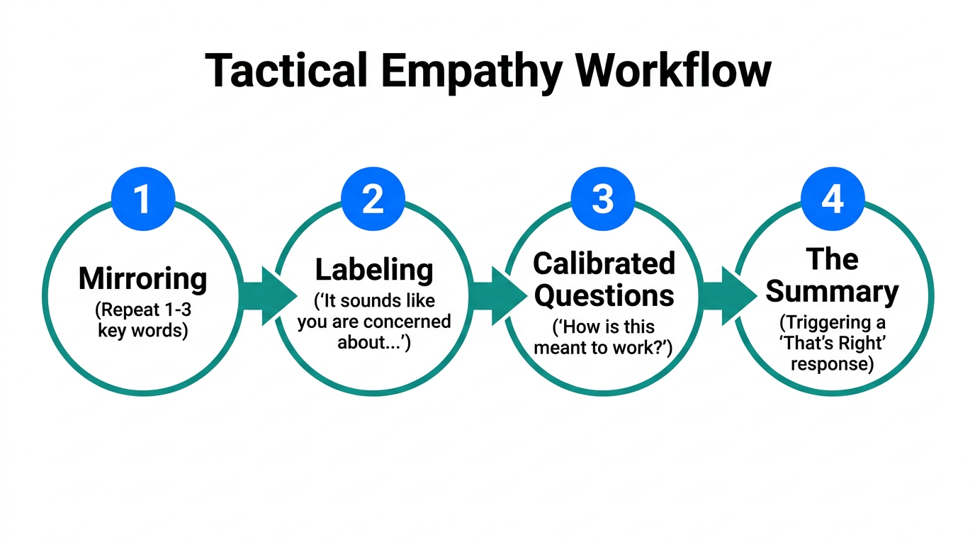 The four-step sequence for applying tactical empathy in negotiations.