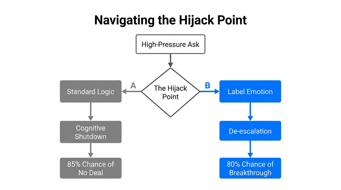 Flowchart illustrating how emotional labeling prevents cognitive shutdown during deals.