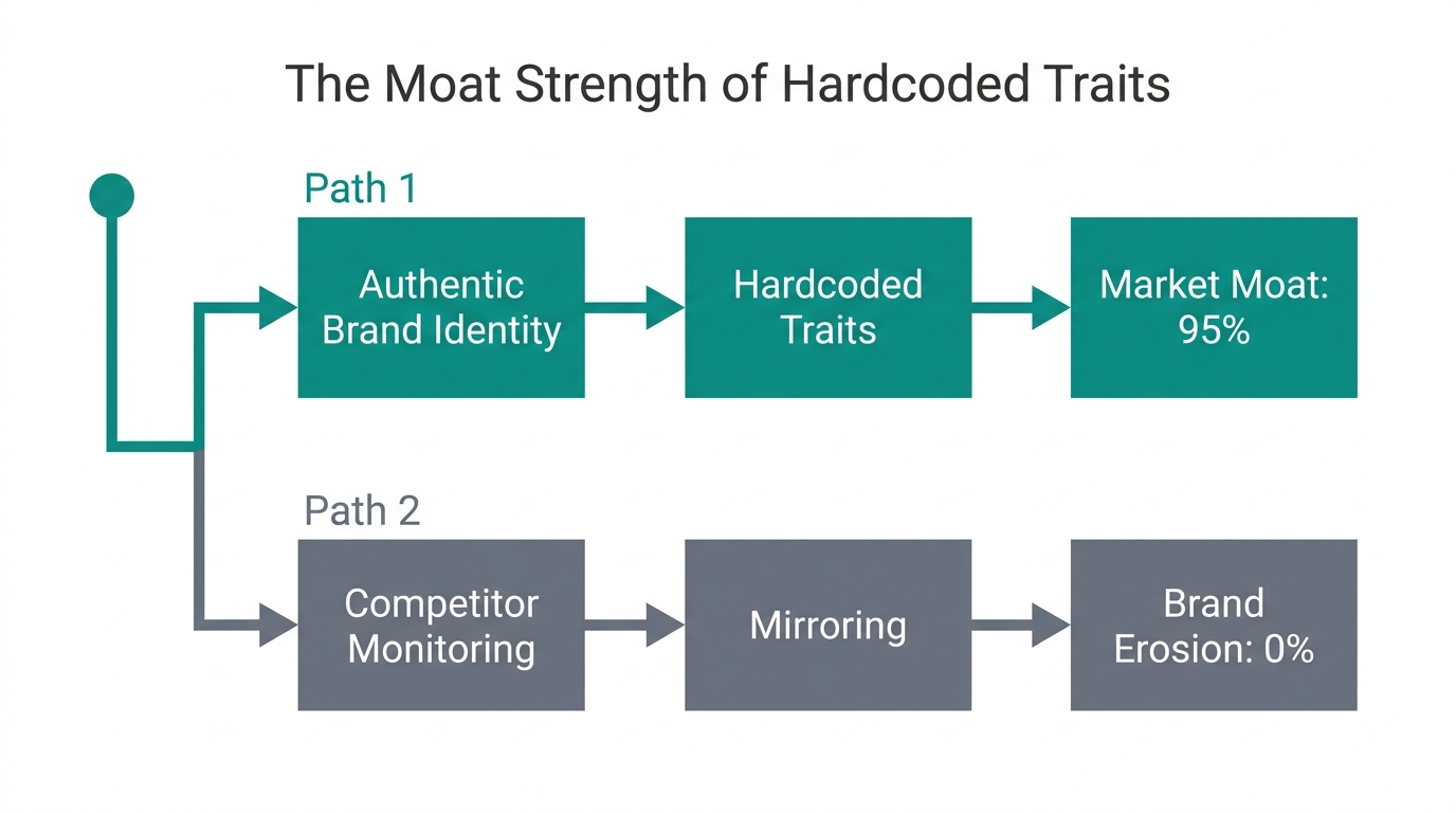 Flowchart comparing the brand defensibility of hardcoded traits versus mirroring.