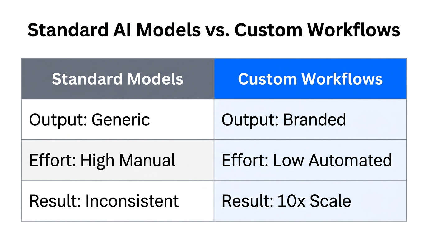 Comparison of manual AI usage versus automated custom distribution workflows.