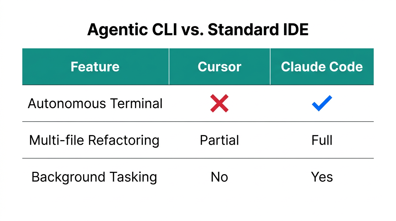 Key functional differences between IDE-based coding and agentic CLI tools.