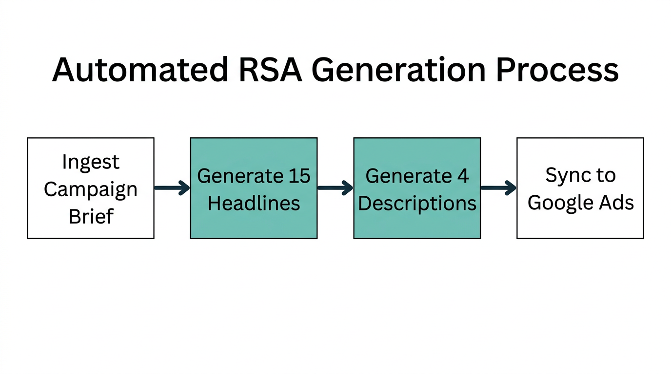 Step-by-step workflow for automating Responsive Search Ads with AI.