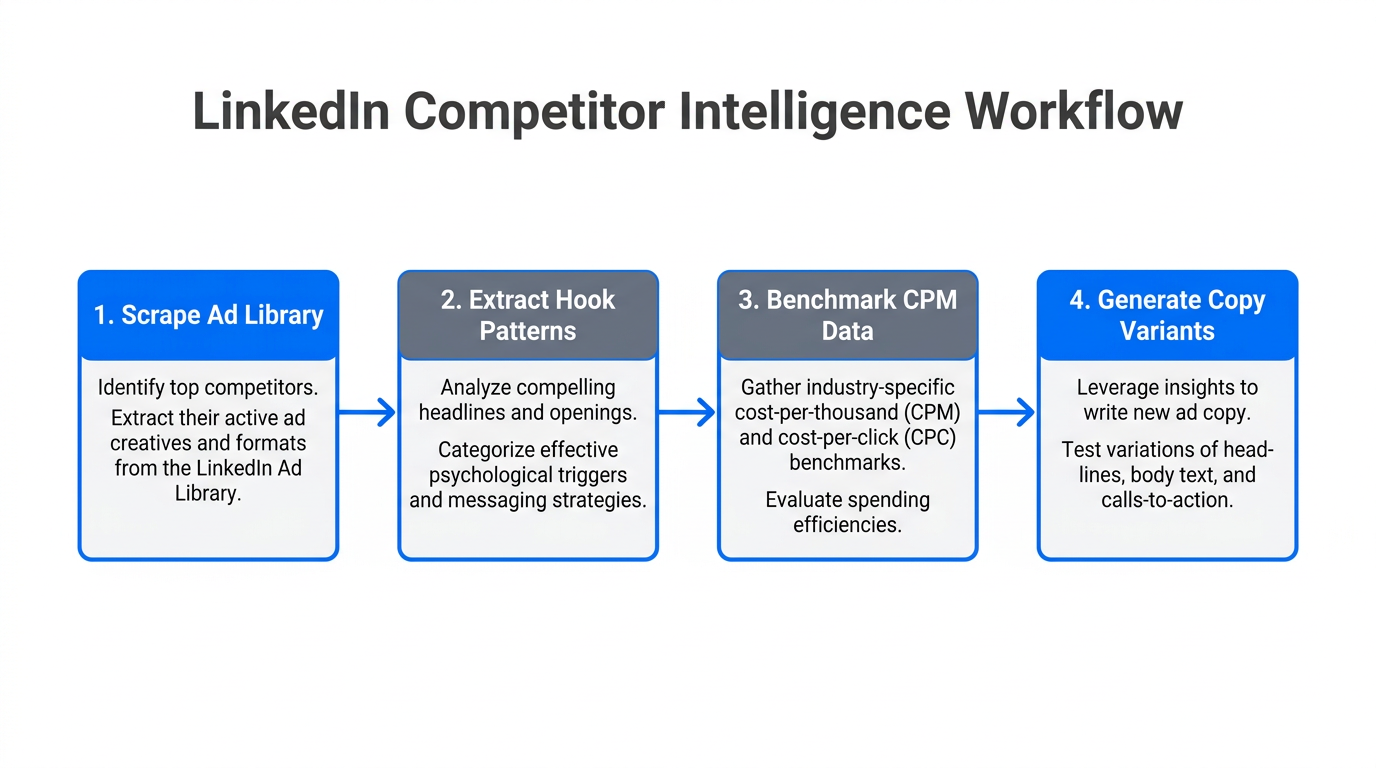 Automated workflow for extracting and analyzing competitor LinkedIn ad strategies.