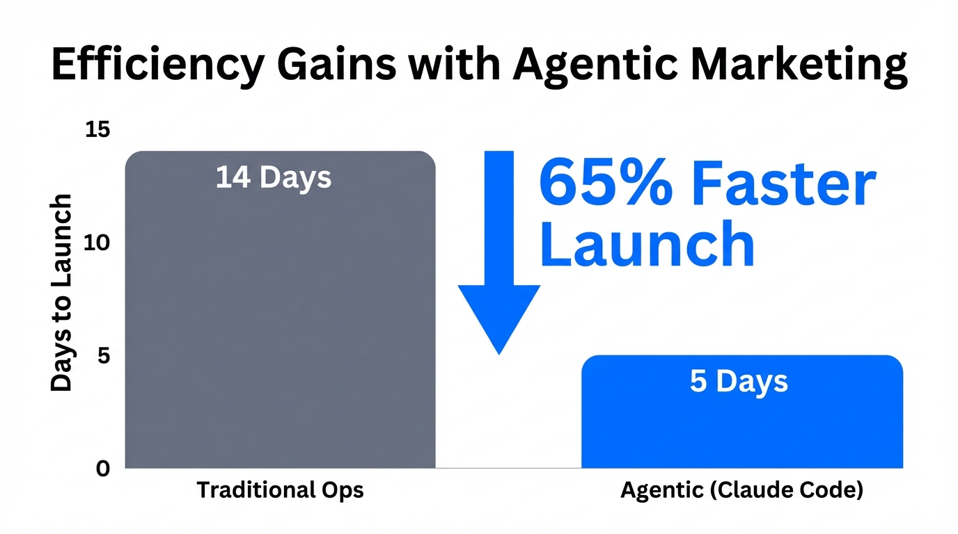 Comparison showing 65% faster launch times using agentic marketing workflows.
