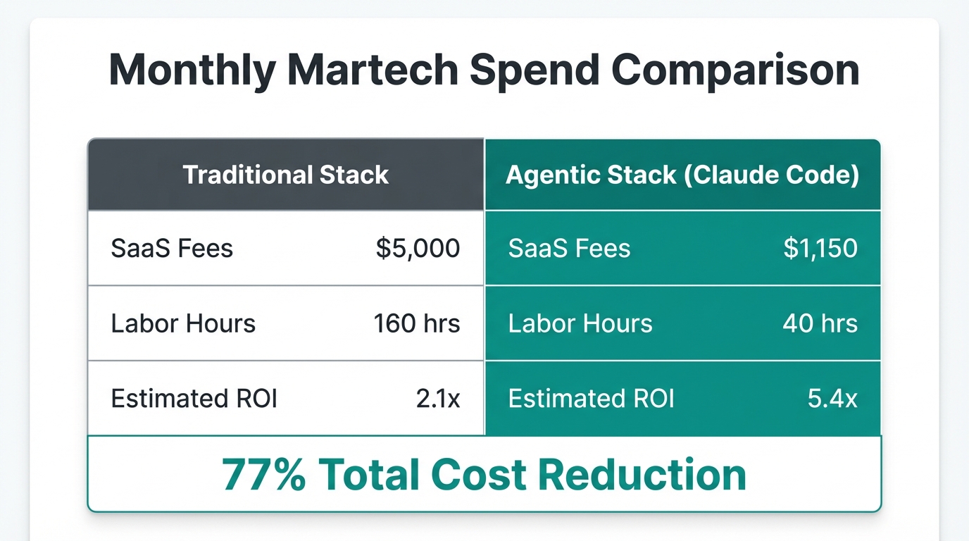 Financial breakdown comparing traditional martech costs against agentic operations.