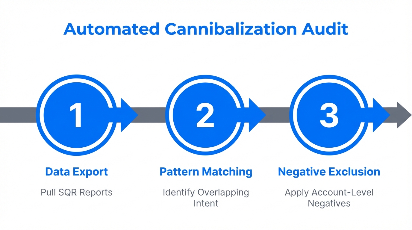 The three-step process for automating keyword cannibalization audits.