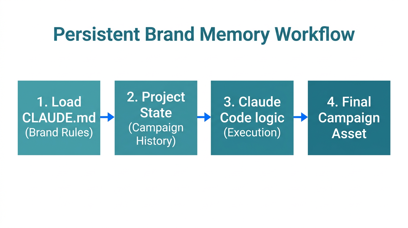 Workflow showing how CLAUDE.md maintains persistent brand context.