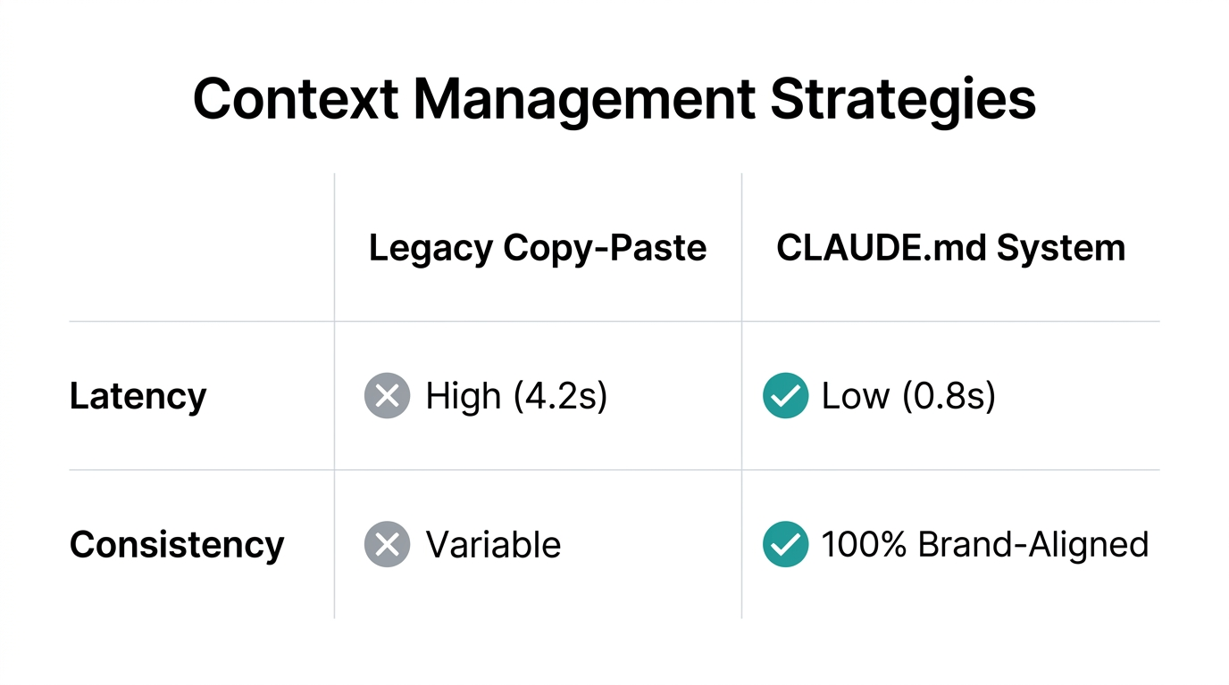Comparison of legacy context management versus systematic CLAUDE.md optimization.