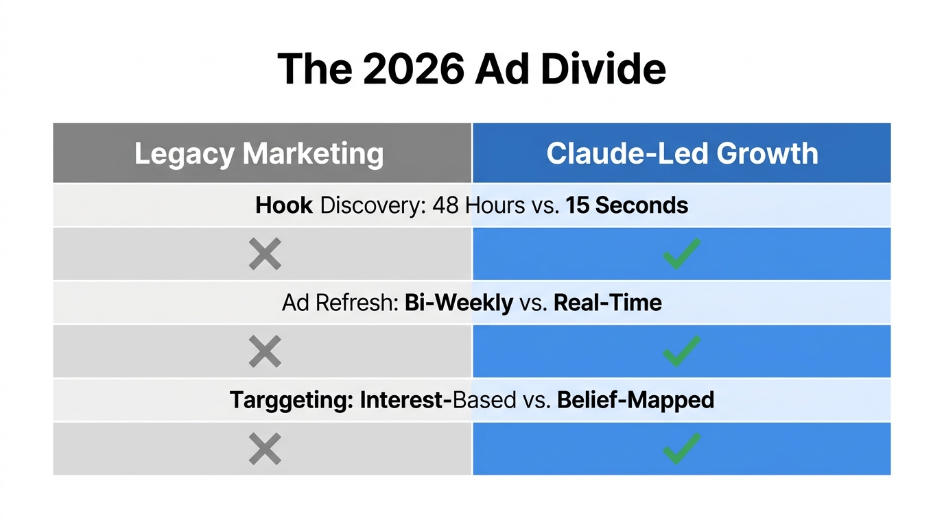 Comparing legacy marketing workflows against the new Claude-led growth model.