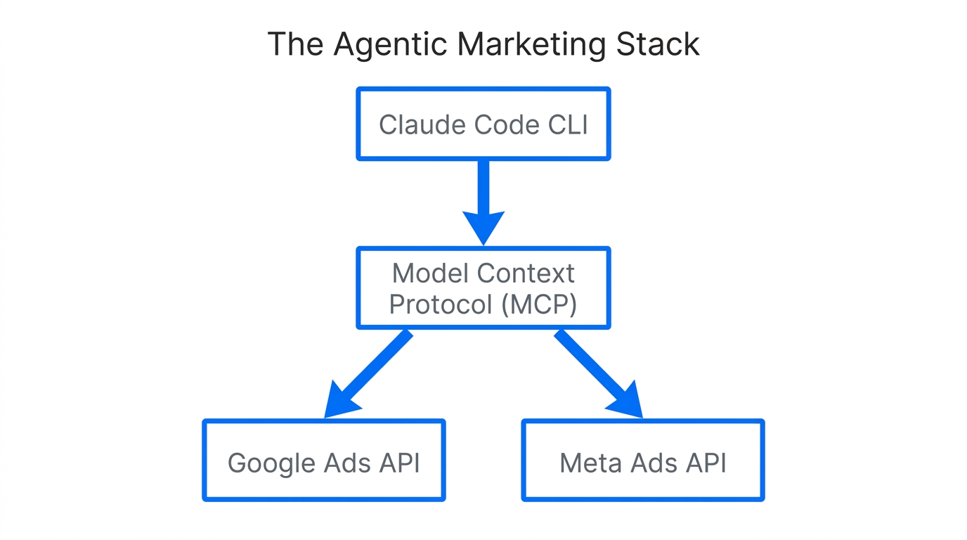 Architecture of Claude Code connecting to advertising platforms via MCP.