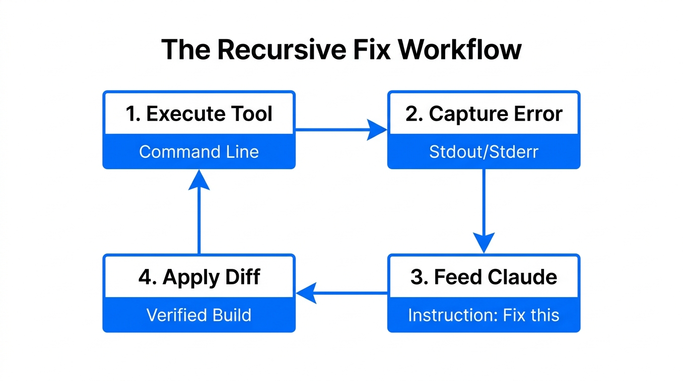 The recursive loop for debugging and refining growth tools autonomously.