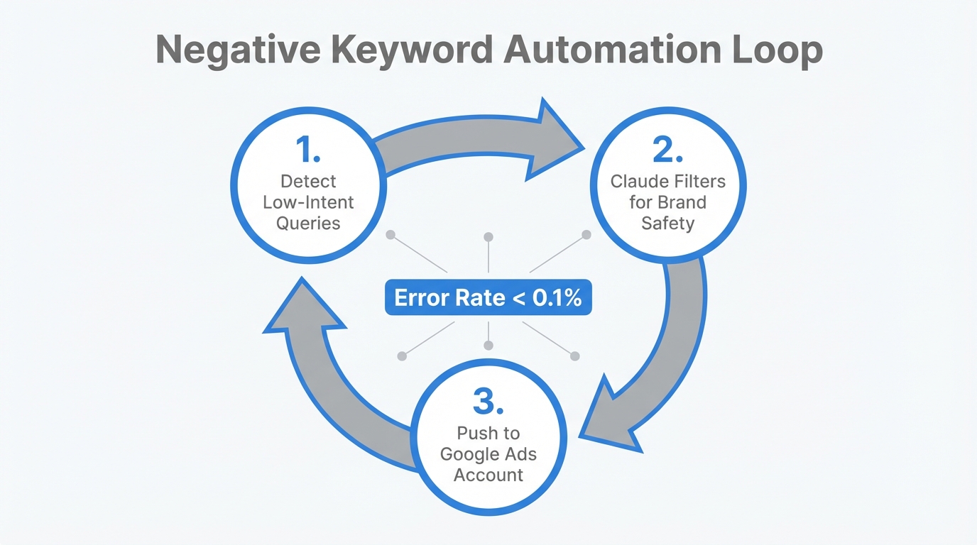 The automated loop for identifying and syncing negative keywords.