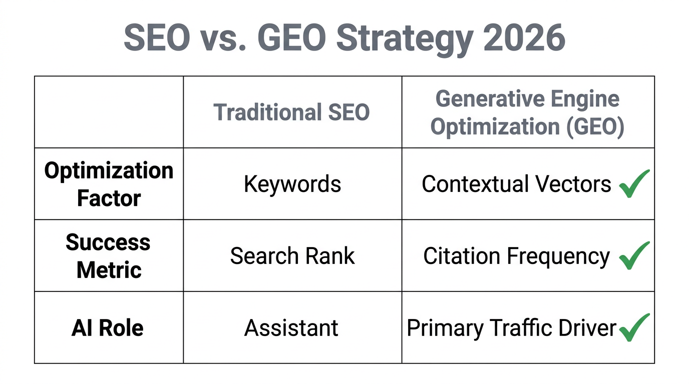 Comparative analysis of traditional search and generative engine optimization.