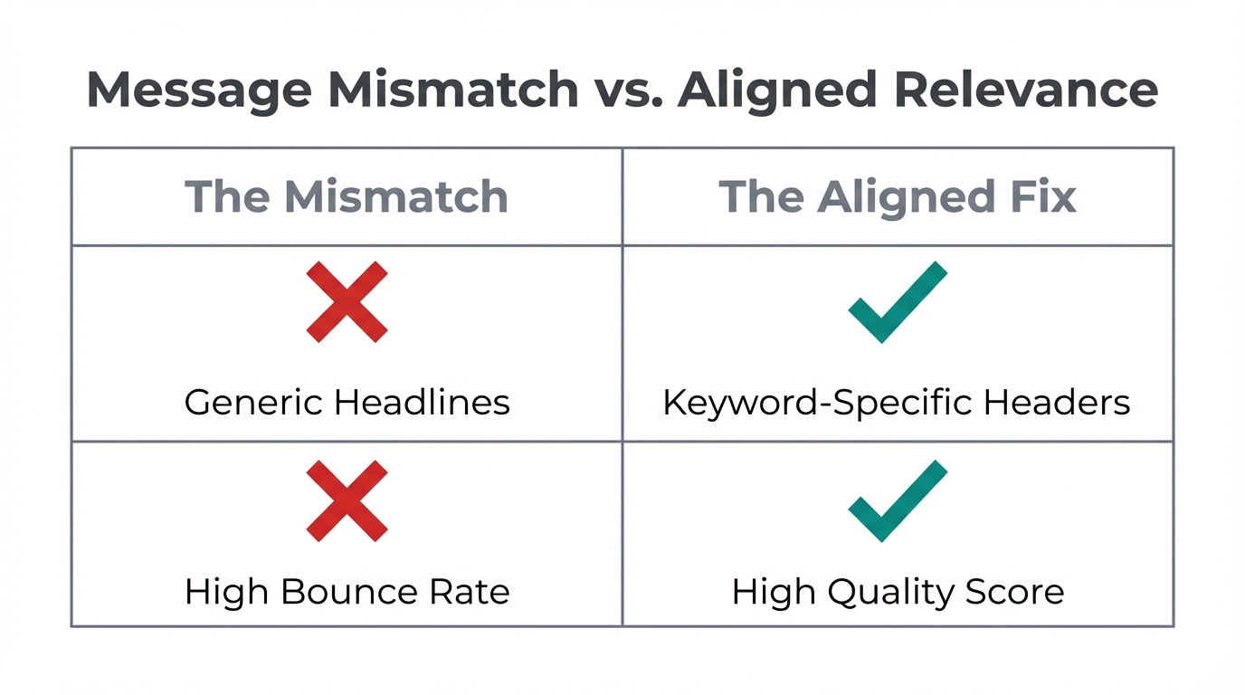Comparing mismatched landing pages against optimized, high-relevancy alternatives.