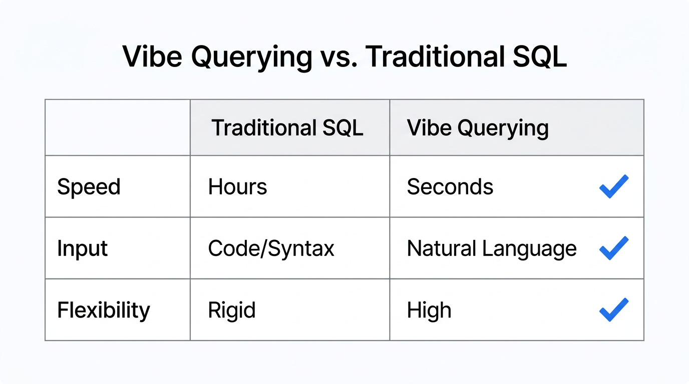 Key differences between traditional data querying and AI vibe querying.