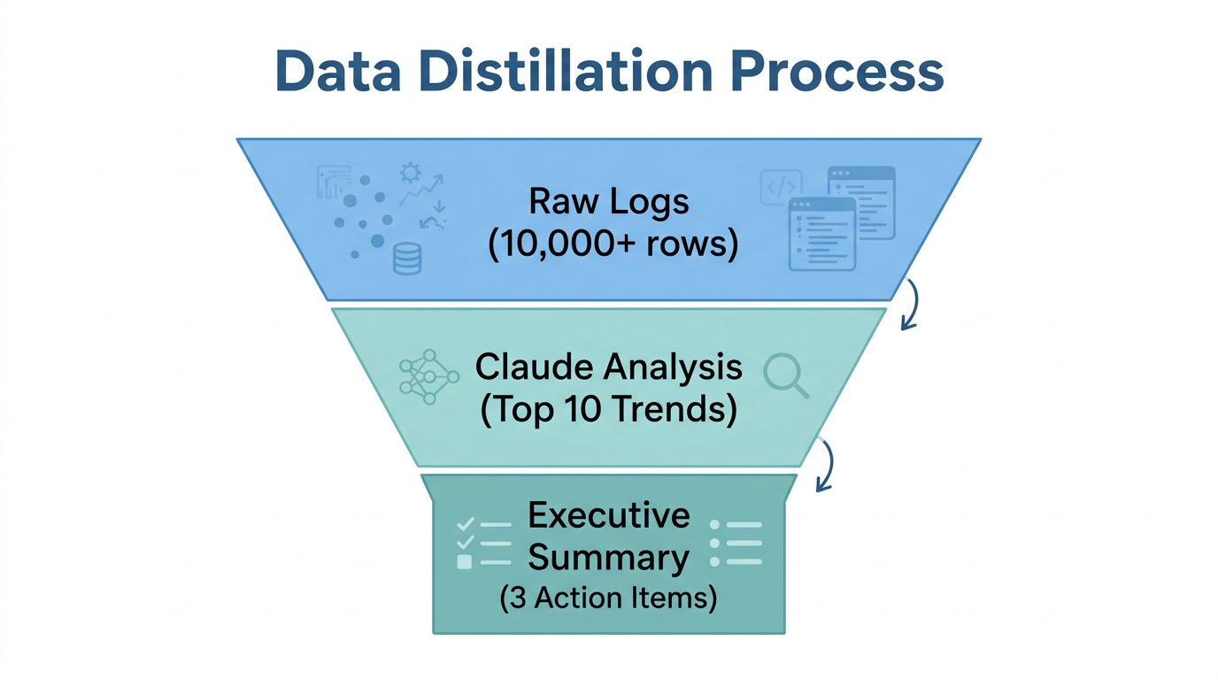 How Claude Code distills massive datasets into actionable executive summaries.