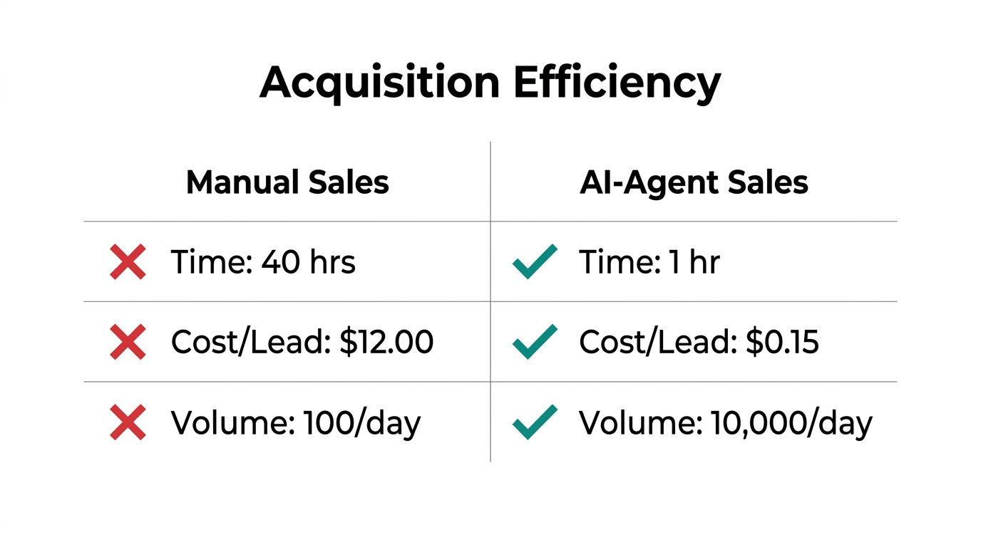 Efficiency metrics comparing manual outreach versus AI-agent customer acquisition.