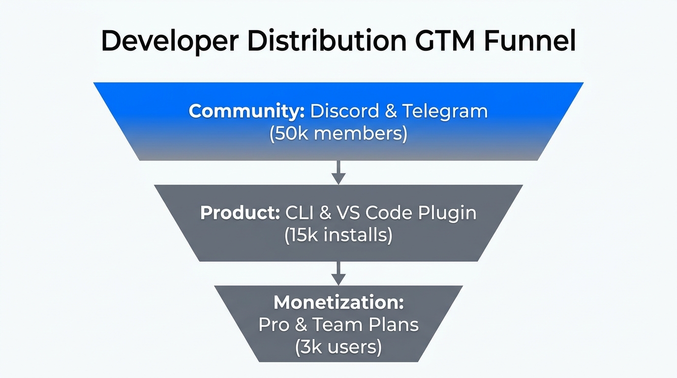 The multi-stage developer acquisition funnel using community distribution channels.