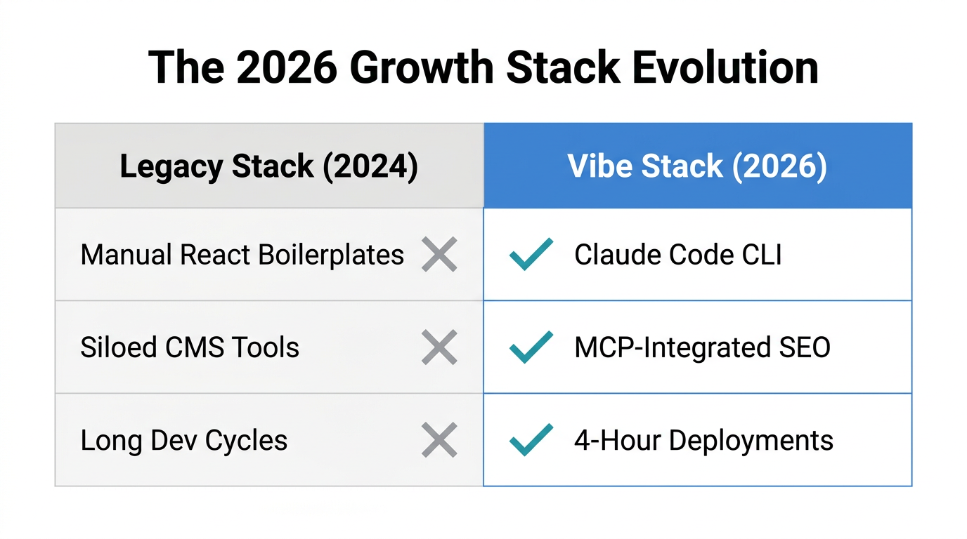 Comparison of traditional development stacks versus 2026 AI-driven growth stacks.