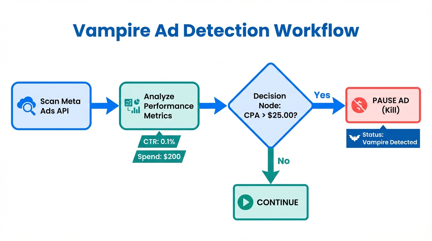 The automated workflow Claude Code uses to identify and pause budget-wasting ads.