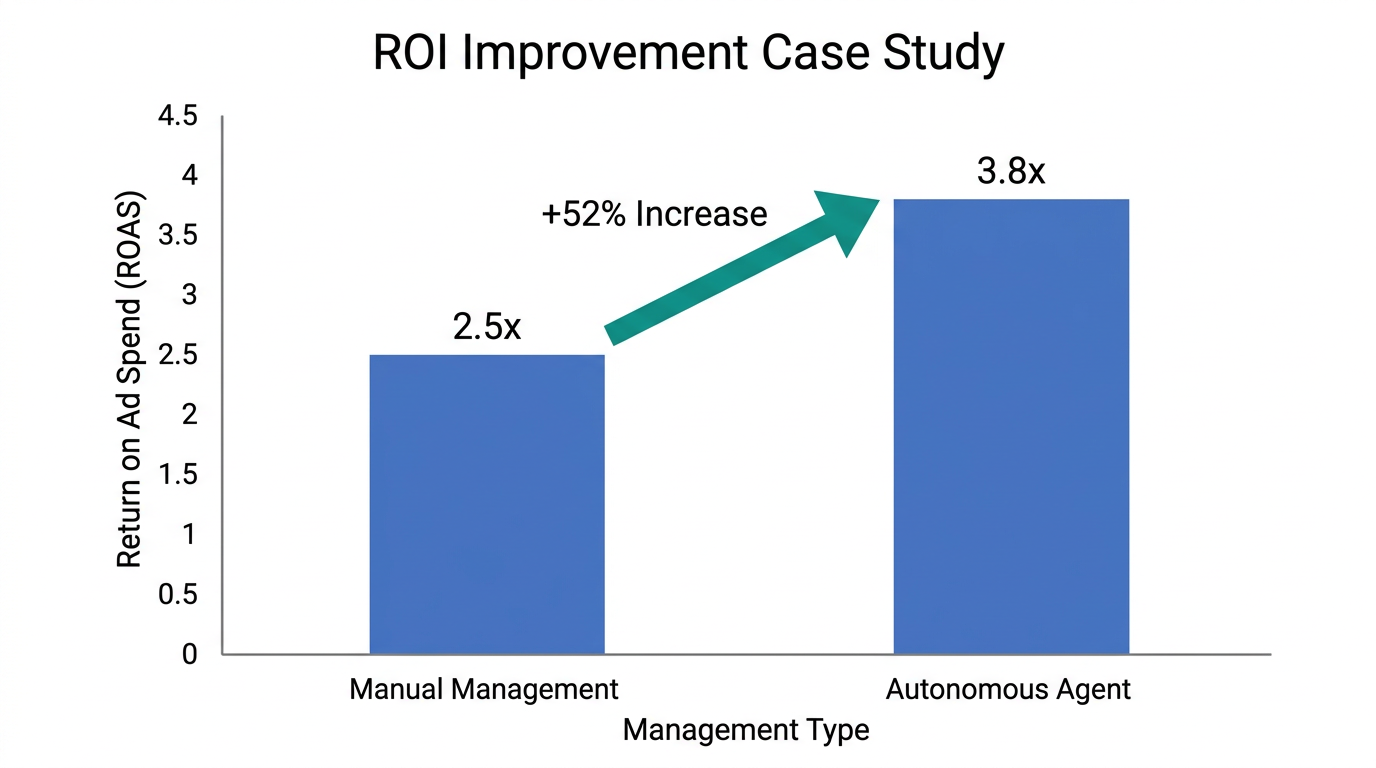 ROAS improvement comparison from human-managed to autonomous agentic bidding.