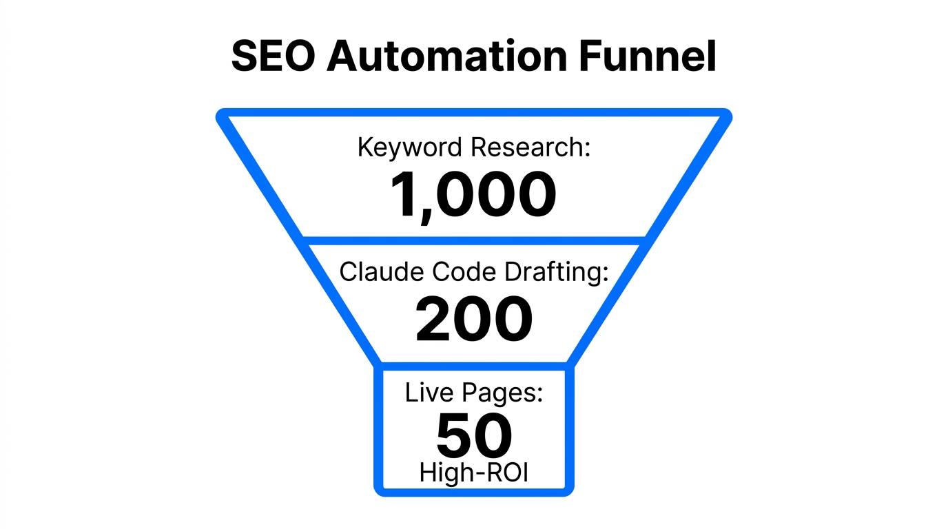 The automated funnel from keyword discovery to live SEO pages.