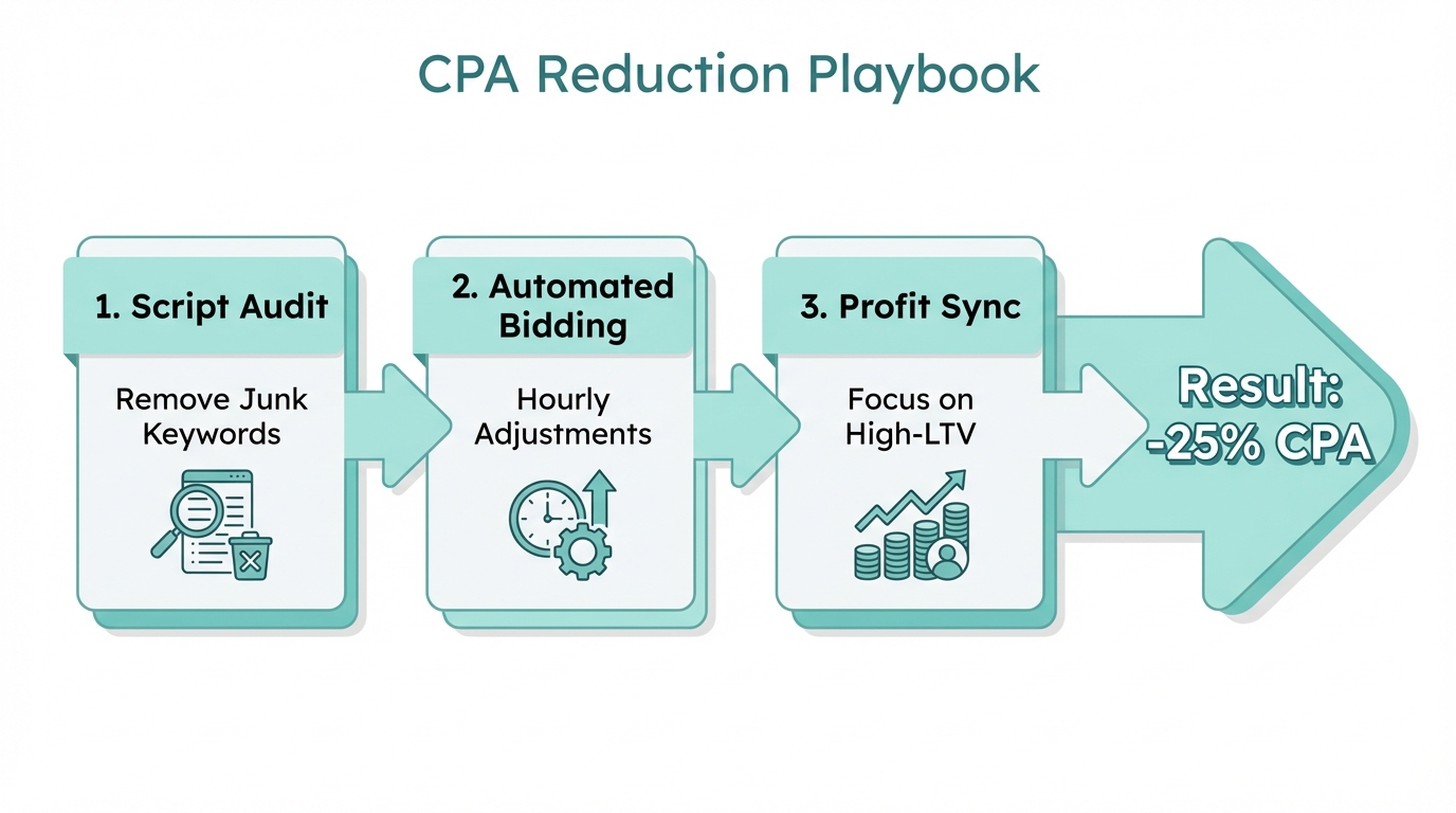 Three-step playbook for lowering CPA through automated AI audits.