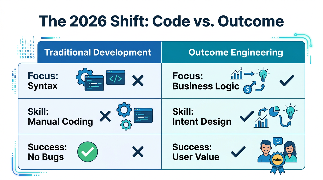 Comparison of traditional manual coding versus the 2026 outcome engineering model.