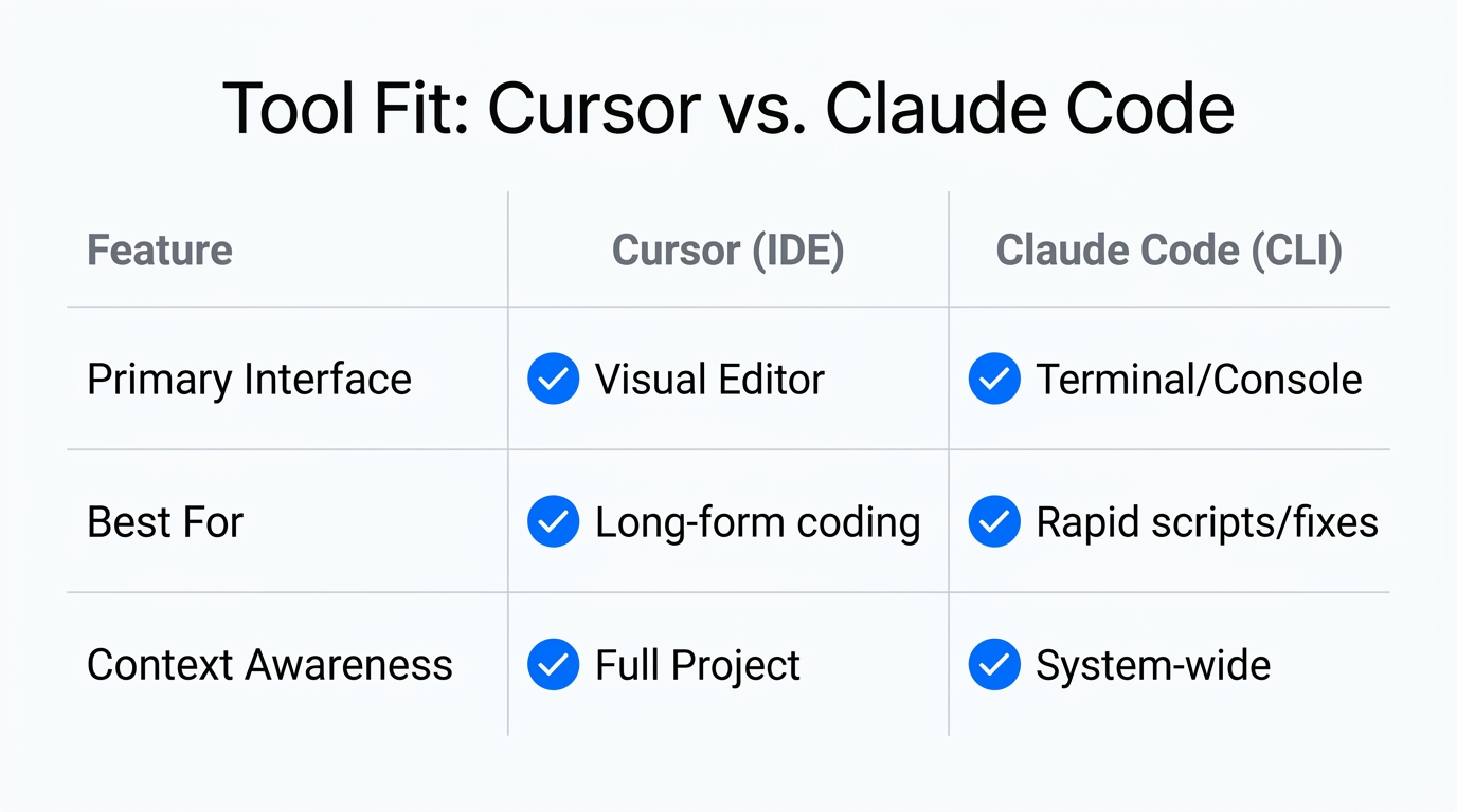 A comparison table showing the core differences between Cursor and Claude Code.