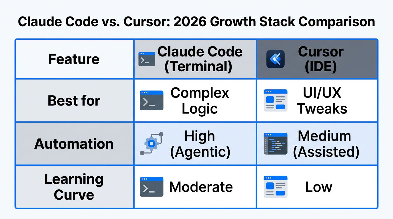 Comparison table showing the strengths of Claude Code versus Cursor.