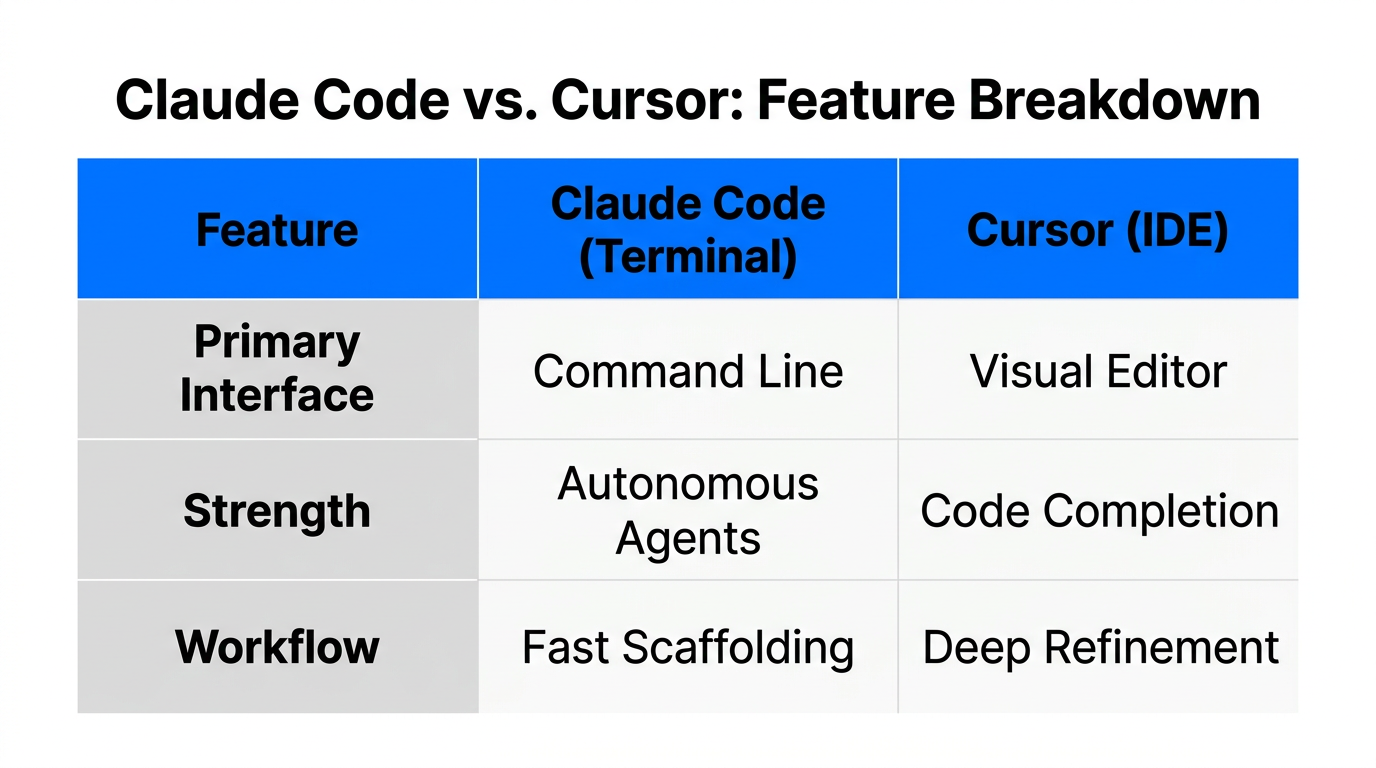 A side-by-side comparison of Claude Code and Cursor interface features.