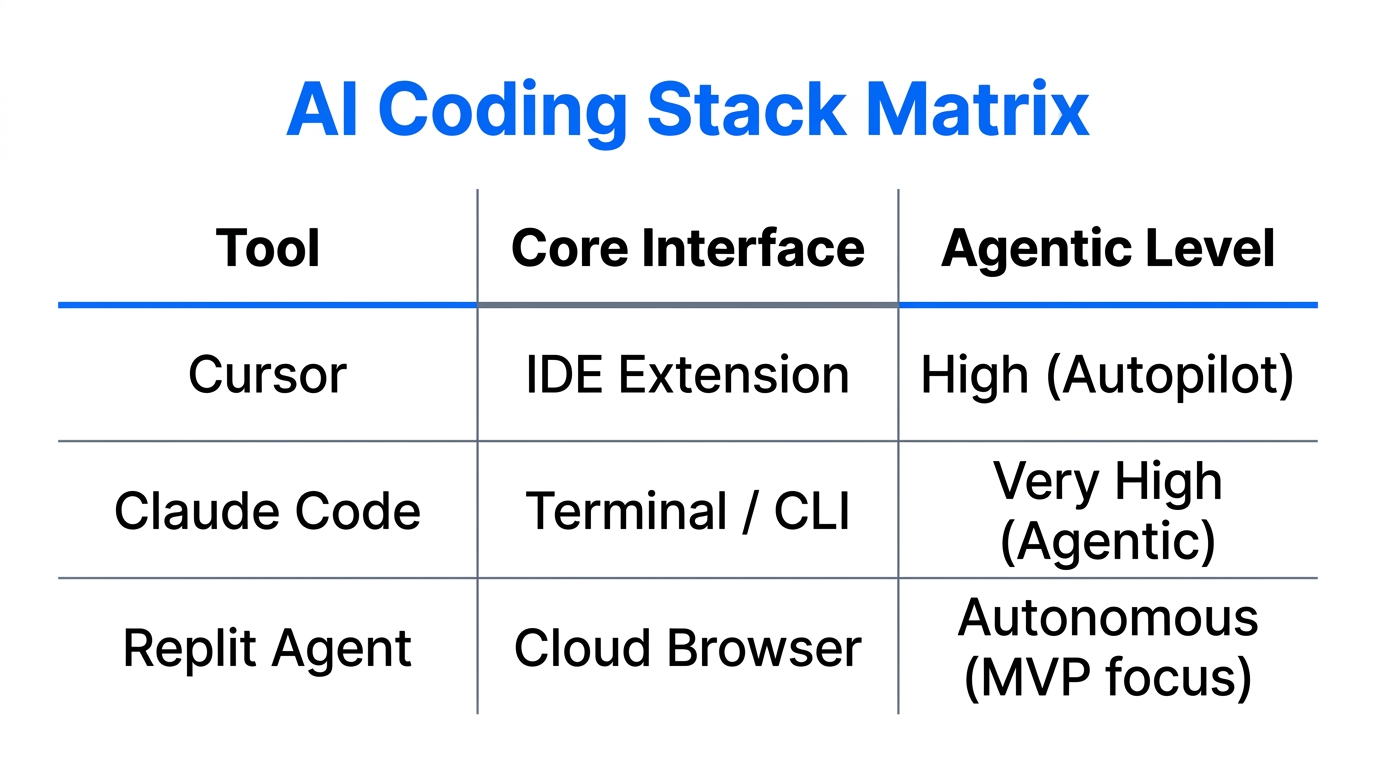 Comparison matrix of Cursor, Claude Code, and Replit Agent features.