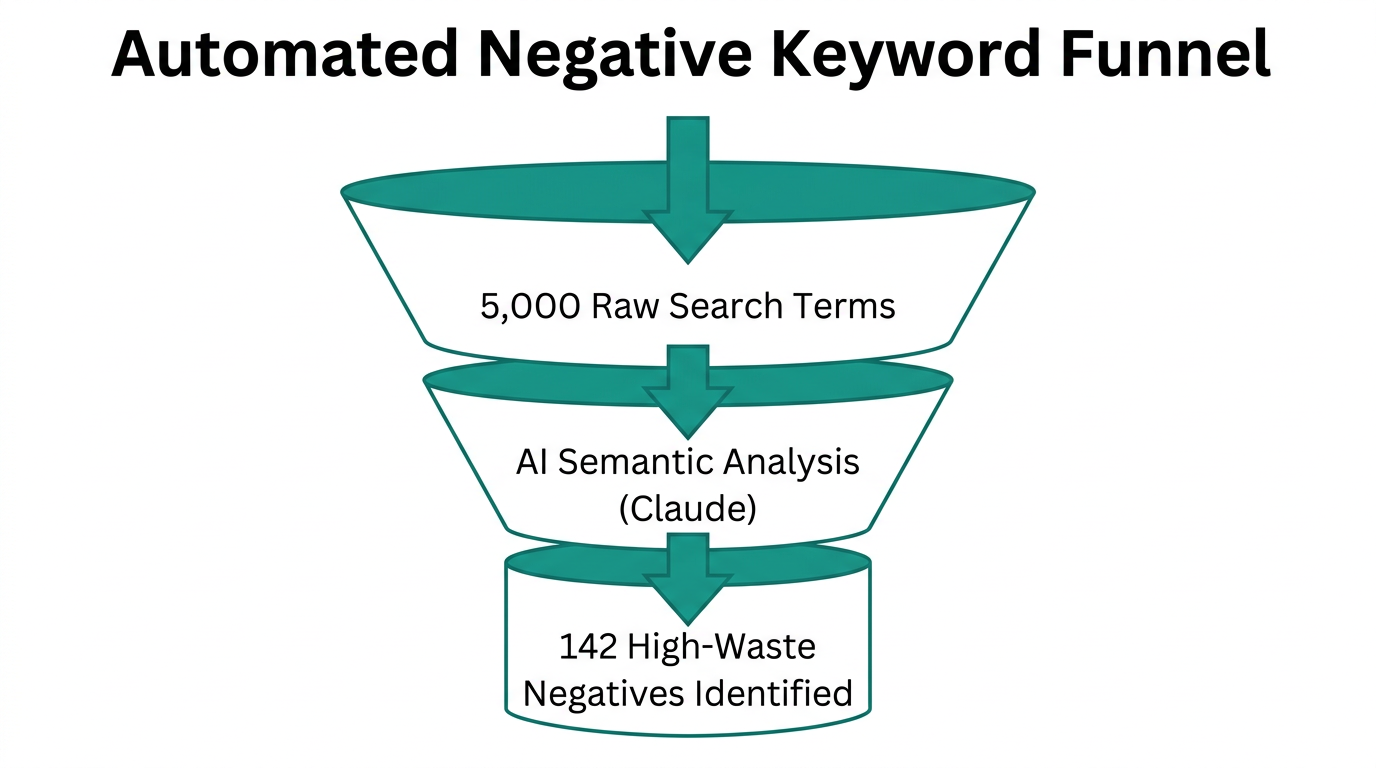 The AI-driven process for filtering search terms into negative keywords.