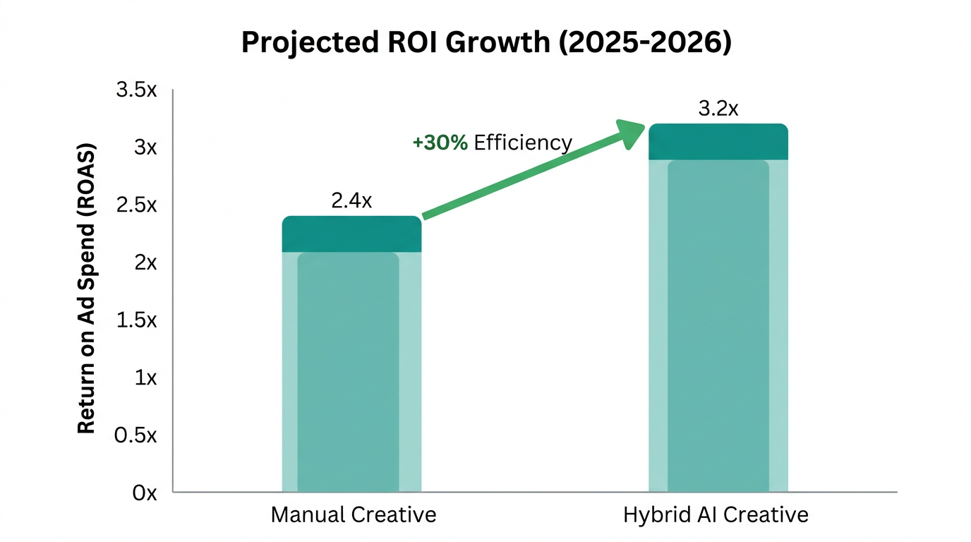 Comparison of ROI between manual creative and hybrid AI workflows.