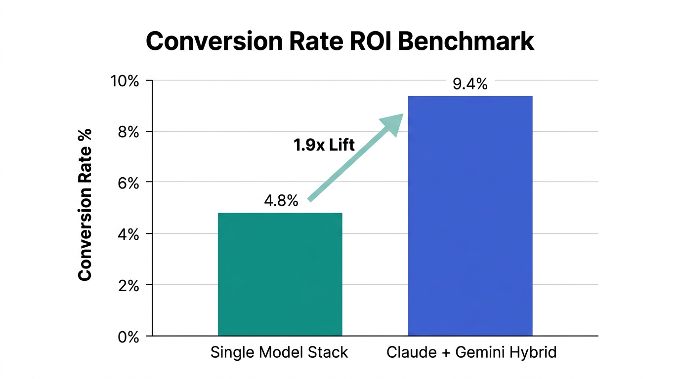 Conversion rate lift comparing single-model vs. hybrid AI stacks.