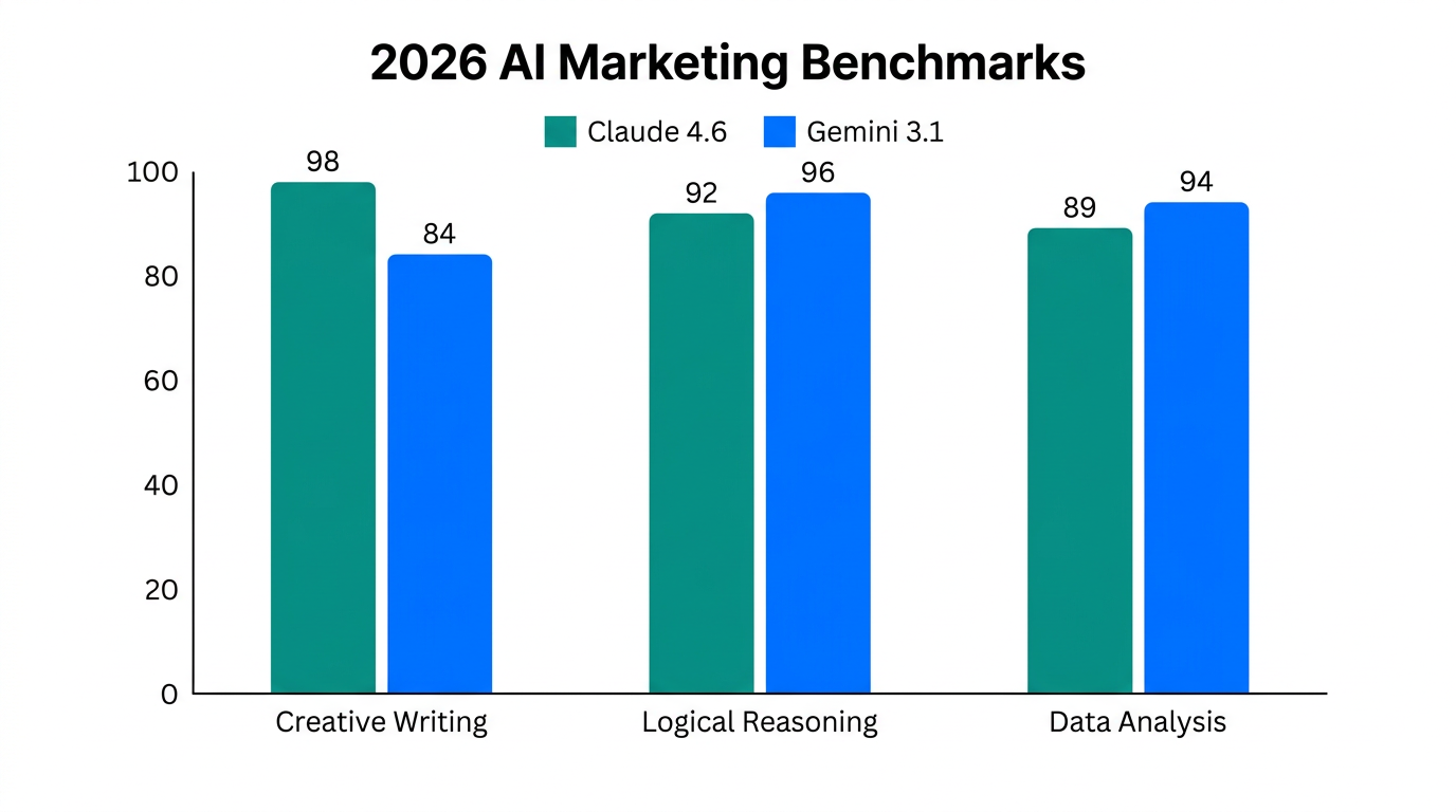 Comparison of Claude 4.6 and Gemini 3.1 across core marketing benchmarks.