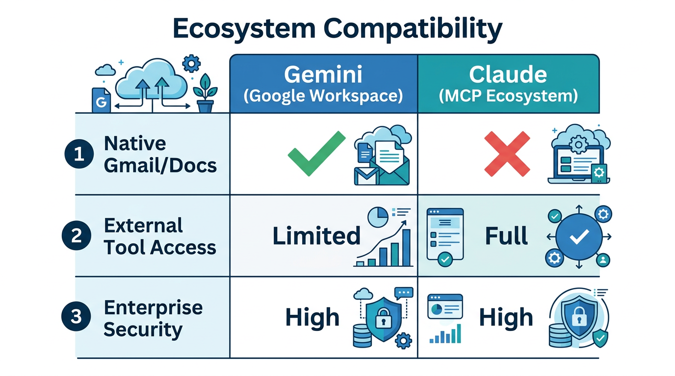 Integration capabilities comparing Google Workspace native features against Anthropic's MCP.