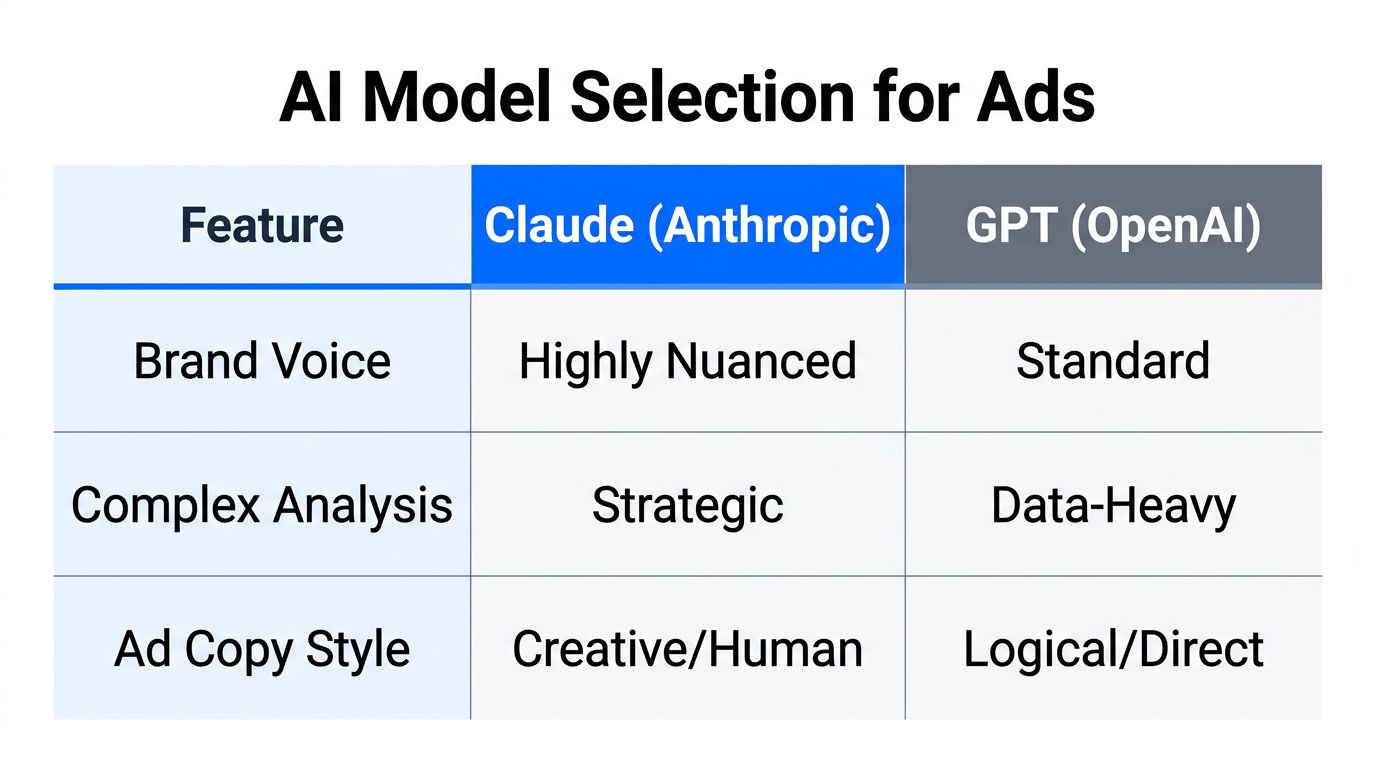 A comparison of Claude and OpenAI strengths for advertising tasks.