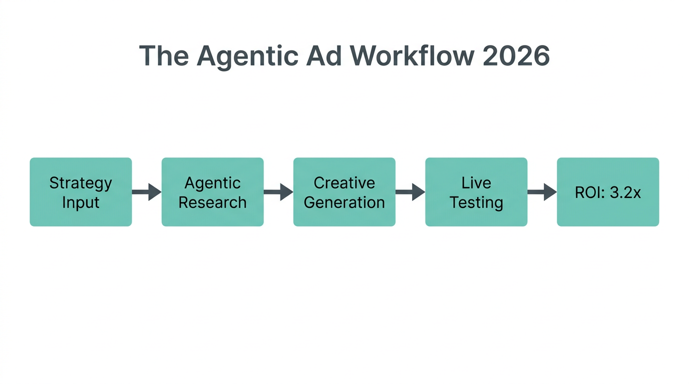Step-by-step workflow of an agentic performance marketing system.