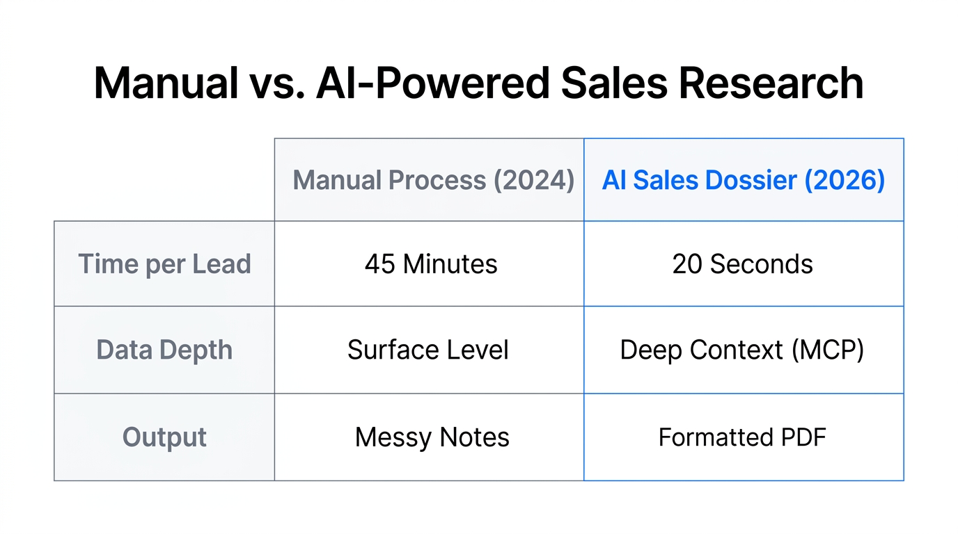 Comparison of manual research efficiency versus AI-automated sales dossier generation.