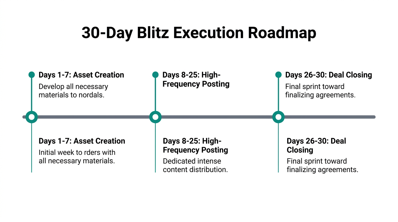 The timeline and milestones for executing a 30-day marketing blitz.