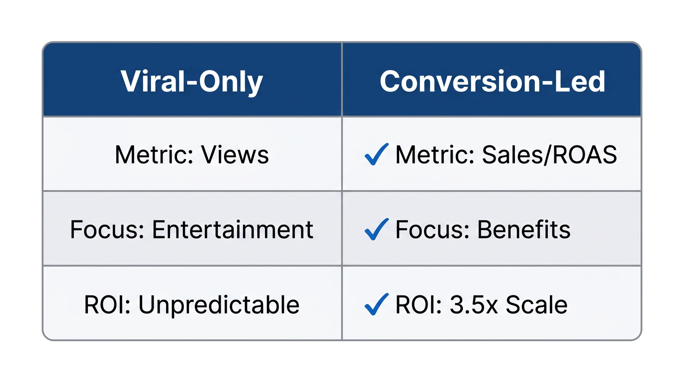 Comparison of viral reach versus conversion-focused performance metrics.