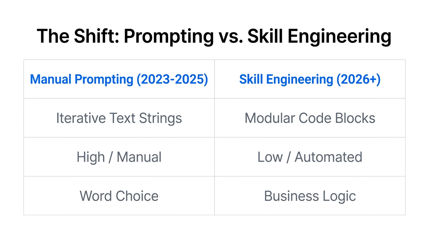 Comparison of manual prompt engineering versus 2026 skill engineering workflows.