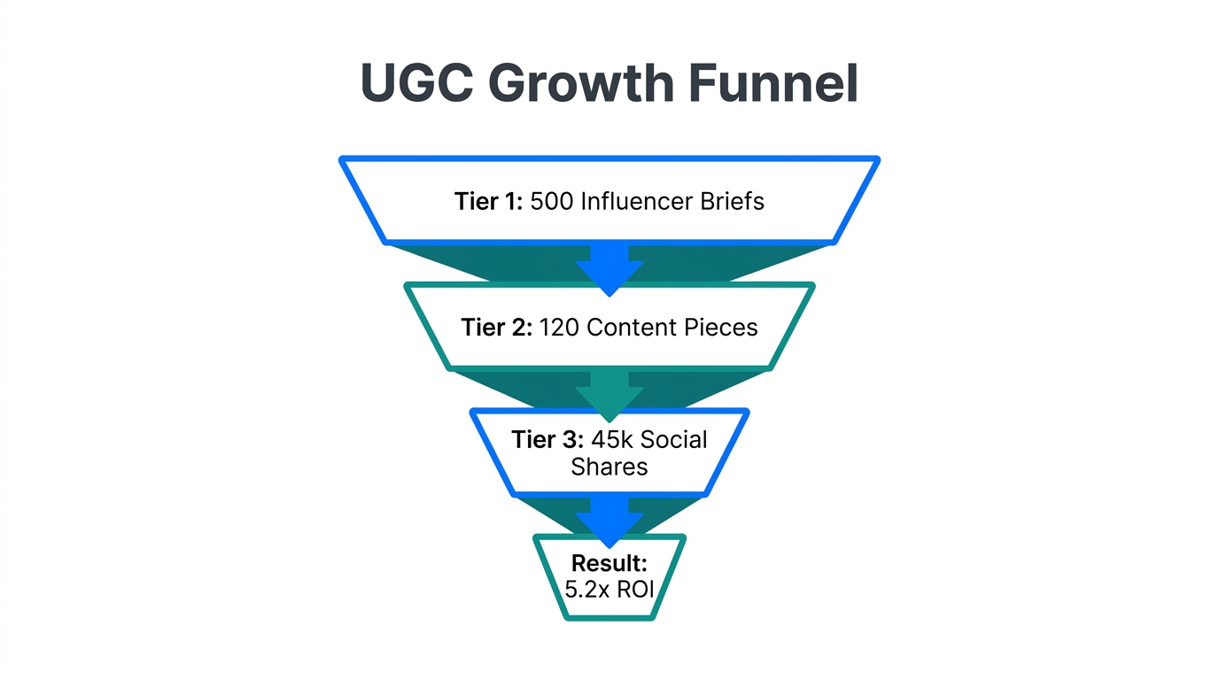 UGC acquisition funnel showing scaling from briefs to 5.2x ROI.