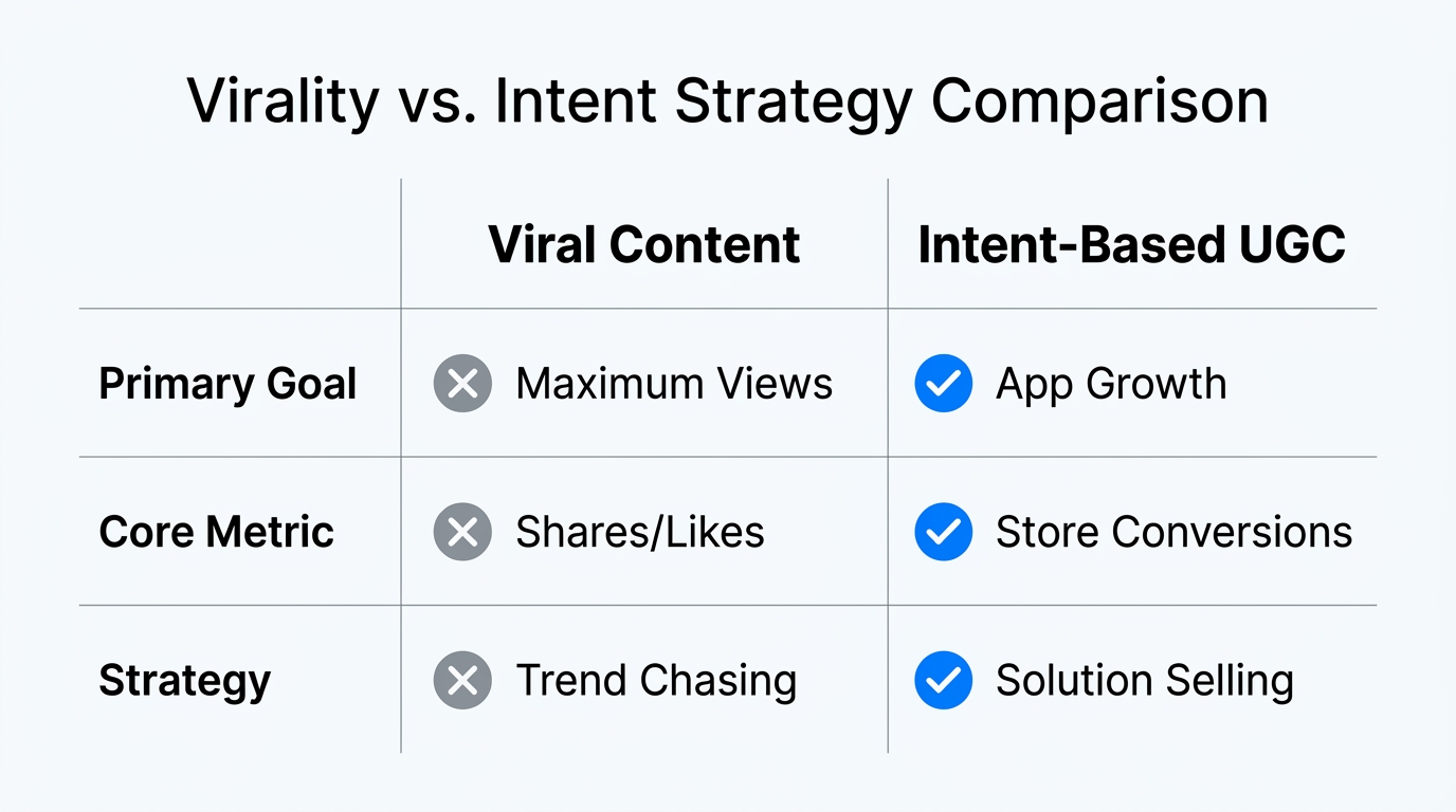 Comparing engagement-focused viral content against high-intent growth strategies.