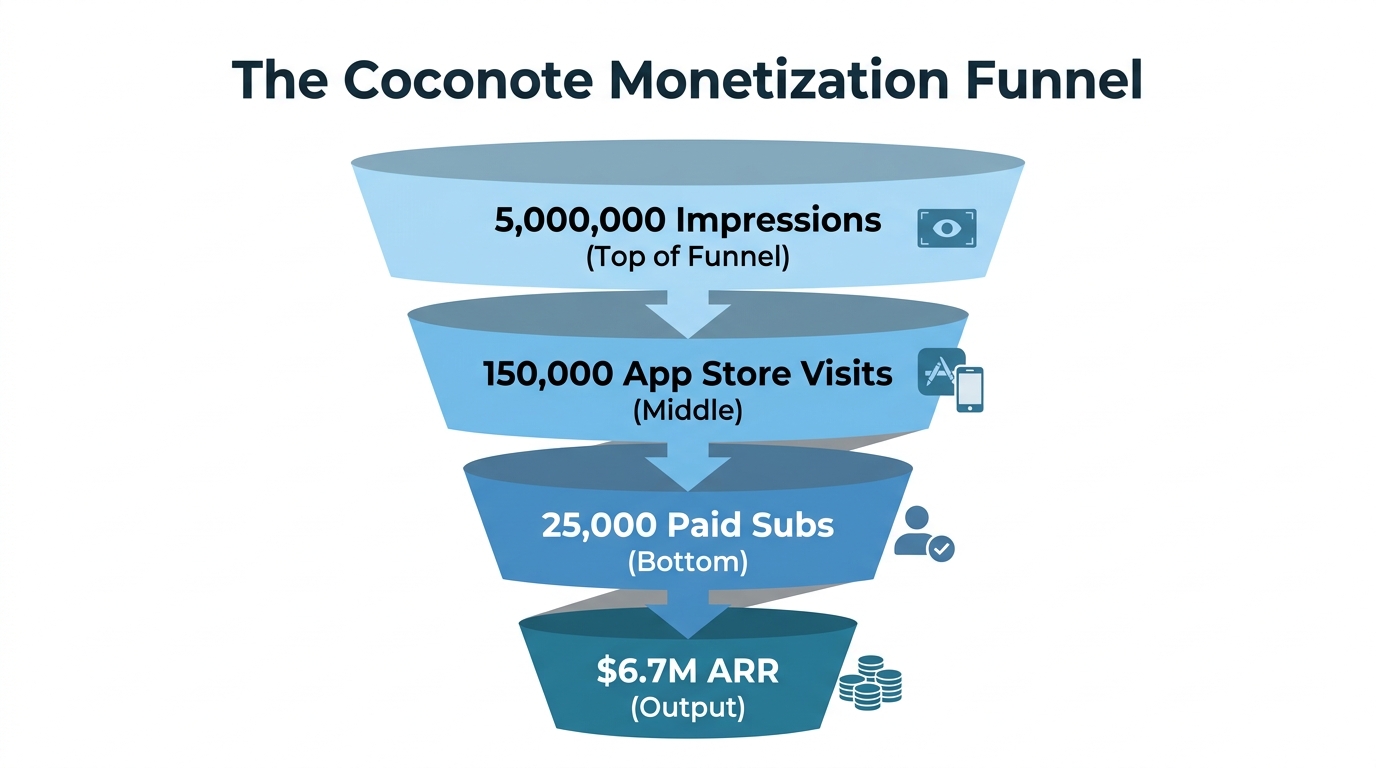 Conversion funnel showing the path from impressions to $6.7M ARR.