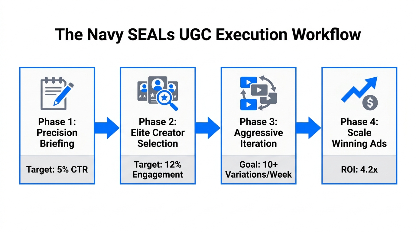 The four-phase 'Navy SEALs' execution workflow for high-precision UGC.