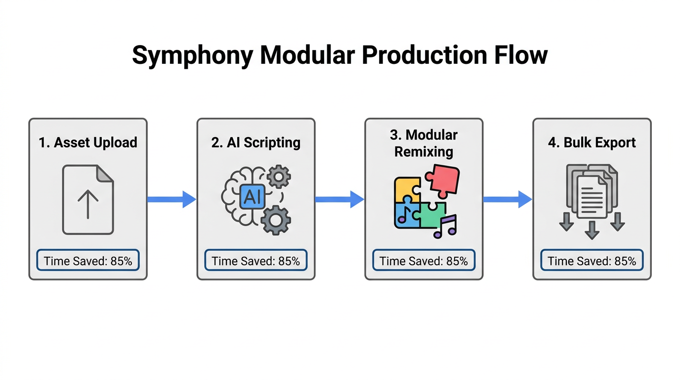 Step-by-step workflow for rapid ad production using Symphony Creative Studio.